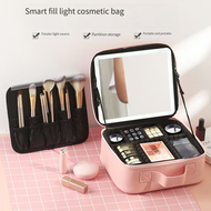 Makeup bag LED mirror lighted travel cosmetic case adjustable dividers Beg solek cermin LED bercahay