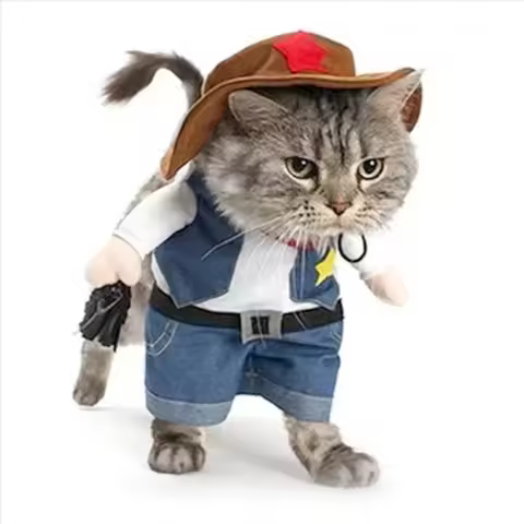"Adorable Cowboy Outfit for Dogs & Cats - Fun Halloween Hoodie Jumpsuit with Jeans Design"