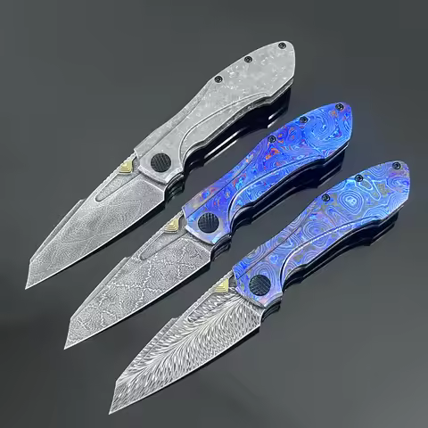Forged Damascus Folding Knife 15N20+O1 Steel Timascus Zircuti Black Ice Titanium Handle Ceramic Bear