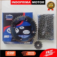 CRUN GEAR SET KOMPLIT KLX. GIGI TARIK BIRU DAN RANTAI KAWASAKI KLX