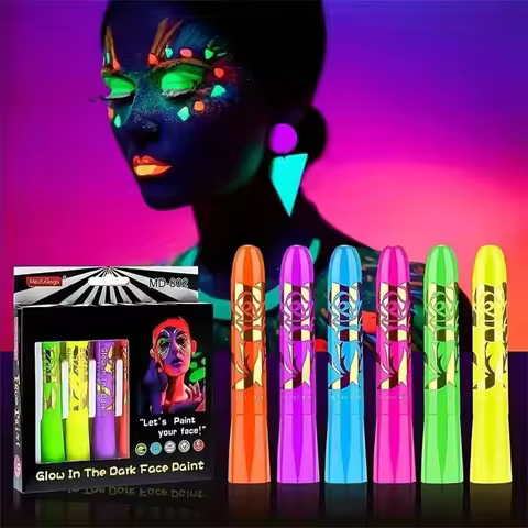 6 Uv Black Light Facial Oil Paint Crayon Set, Black Light Makeup Neon Face and Body Oil Paint Stick 