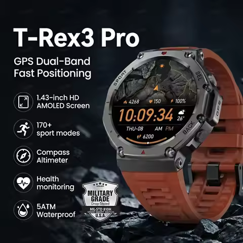 New T-Rex 3 Pro Dual-Band GPS Military Smart Watch 48mm 10ATM Water-Resistant 500mAh Battery Compass