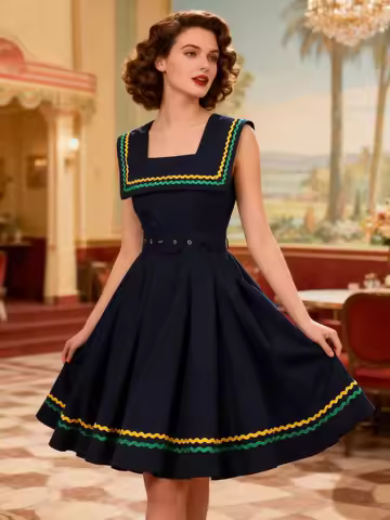 Tonval Contrast Webbing Square Neck Sleeveless Swing Pleated Women Dresses Summer Prom Birthday Part