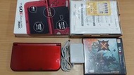 (兩片免運費)中古 NEW 3DSLL 金屬紅主機+副廠充電器+3ds 魔物獵人X 日規 直購價6000