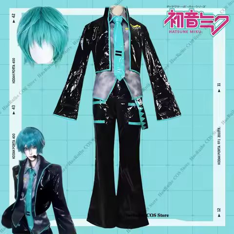 Anime Mikuo Male version Cosplay Costume Green Wig Uniform Black PU Leather Jacket Shirt Fancy Hallo