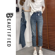 Beautified กางเกงยินส์ กางเกงทางตรง ผ้ายืด เอวสูง สาวอวบ ขากระบอกเล็ก ทรงบอย