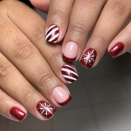 Christmas Wearable Nails Red French Edge Snowflake Red White Stripe Pattern Detachable Manicure Nail