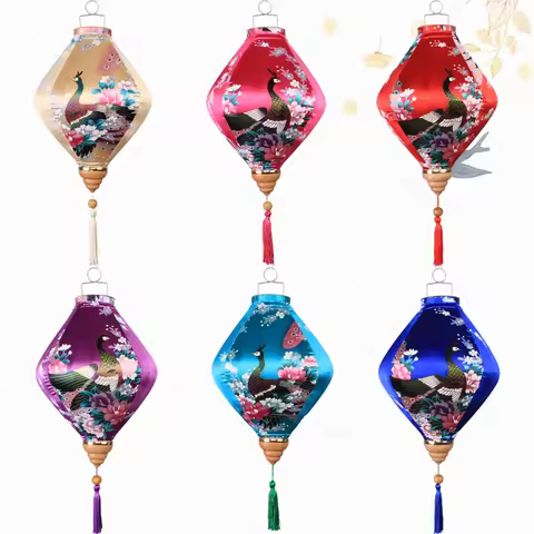 12/14Inch Chinese Traditional Style Silk Lantern Retro Peacock Pattern Hanging Lantern Vietnam Japan