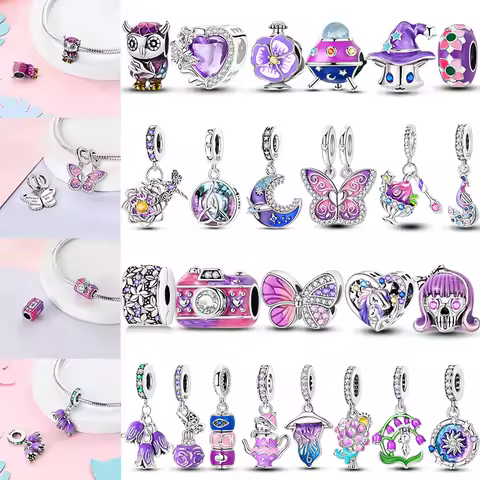 925 Sterling Silver Purple Series Butterfly Aries Gemini Safety Chains Fit Original Bracelet DIY Jew