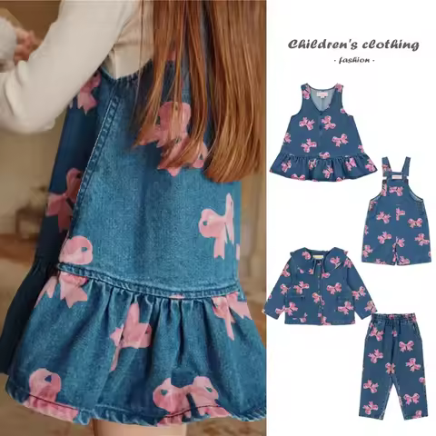 2025 New Denim Children's Set KS Cute Bow Print Baby Girl Denim Dress Fashion Boy Denim Jacket Bouti