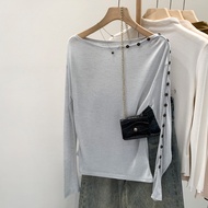 95648 Lyocell Fiber Button Slanted Shoulder Loose Thin Long-Sleeved T-Shirt