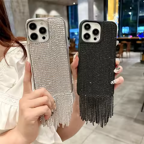 Luxury Tassel Rhinestone Phone Case For iPhone 16 Pro 15 14 13 Pro Max Cover Plating Silver Cases Fo