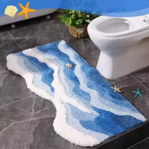 Aesthetic Wave Tufted Carpet Bathroom Antislip Mat Ocean Sea Blue Plush Carpet Home Ornament Livingr