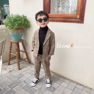 Beemo vest set in brown plaid fabric for parties and Korean style events for boys from 1 to 6 years 