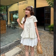 CAILY babydoll shirt with lotus collar printed with floral patterns and adjustable waist tie Lapstor