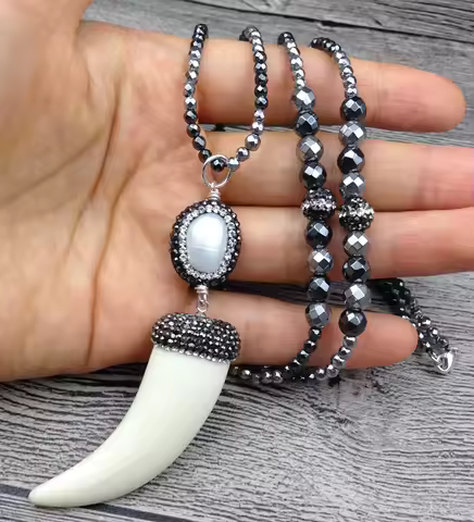 YA2508 Pave CZ Crystal Horn Pendant Pearl Charm Hematite Stone Beads Necklace 30inch long
