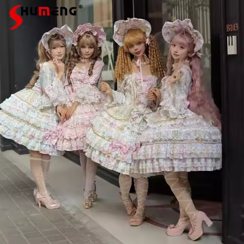 Japanese Lolita Cos Long Sleeve Dress OP Women Sweet Elegant Cute Bow Lace Y2K Birthday Party Dress 