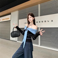 E0307-Design Feeling Contrast Color Striped One-Shoulder Sweater Women Soft Waxy Slim-fit Short Stra