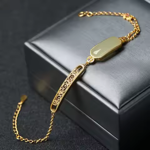 Natural Hetian Jasper jade Ancient gold crafts Ruyi bracelet for women Chinese Style Classic charm b