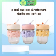 HOHO Glass Cup with Colored Lid 350ml with glass straw