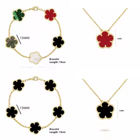 INS Hot Selling 15mm Natural Stone Five Leaf Flower Set Bracelet Necklace Flower Jewelry For Women F