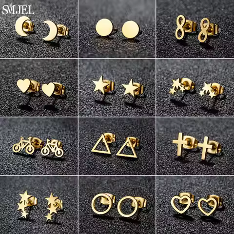 Stainless Steel Mini Stud Earrings Geometric Women Minimalist Star Moon Circle Earings Fashion Jewel