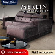 Merlin L-shape Velvet Sofa / 3 Seater / Sofa Velvet / Sofa Baldu / Sofa Ruang Tamu / Great Mateen Fu