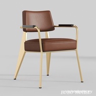 Nordic Light Luxury Hotel Dining Chair Office Household Simple New Armrest Metal Coffee Iron Leather