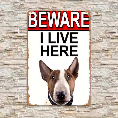 Bull Terrier Aluminum Wall Art Sign - Humorous "Beware I Live Here" Metal Decor, Rustic Vintage Dog 