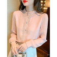 Kemeja Renda TERRE BLEUE 2025 Musim Gugur Rekaan Baharu Baju Asas Unik Bergaya Patchwork Blaus MBW5