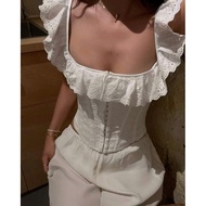 Raw lace corset with front ruffles m331