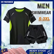 【2PCS/SET】Swimming Wear Short Sleeve Tight T Shirt Fake Two Pieces Shorts Dry Fit Breathable Swim Su
