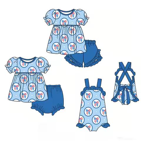 Casual 4th of July bow Print Kids Girls Shorts Outfits Baby Bubble Romper Sibling Matches Wholesale 