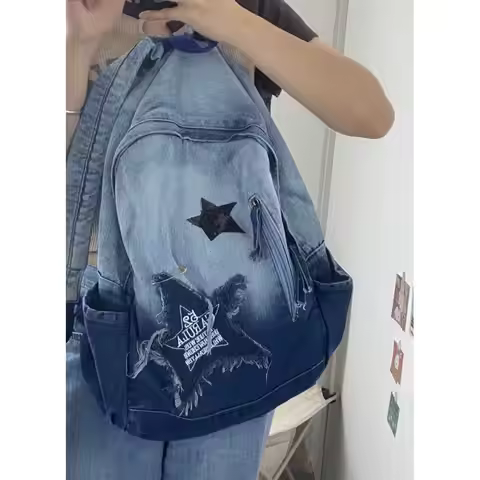 Women's Y2k Backpack Korean Style Denim School Bag For Girl Star Pattern Teenager Student Schoolbag 