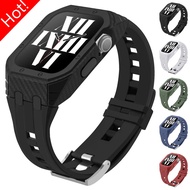 Carbon Fiber Case Frame Bezel Rubber Strap Compatible for Apple Watch 45mm 44mm 42mm Iwatch Series 9 8 7 6 SE 5 4