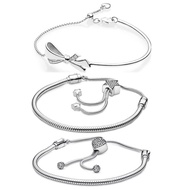 Original Moments Pave Star &amp; Snake Chain Heart Clasp Sliding Bracelet Bangle Fit Europe 925 Sterling Silver Charm Jewelry
