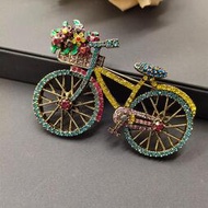 中古vintage輕奢重工高品質彩鑽「鮮花滿簇」自行車胸針 氣質