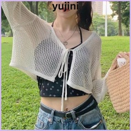 YUJINI Sun-Proof Tops, Thin Hollow Out Knitted Cardigan, Fashion V-Neck Long Sleeve Outwear Summer