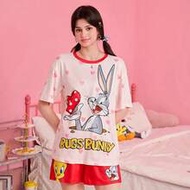 Collaboration Women's Sleepwear Set, Tweety Bird & Heart Polka Dot Contrast Color Short Sleeve Short