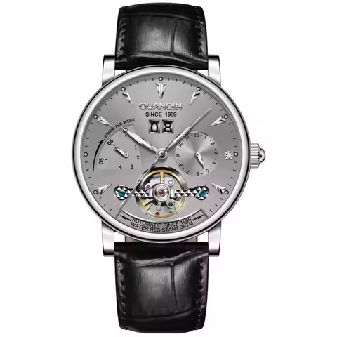 GUANQIN Stainless Steel Leather Men Wrist Watch Automatic Mechanical Male Skeleton Clock Multifuncti