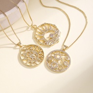Gold Tone Micro Pave CZ Sun/Moon/Circle Pendant Necklaces, Retro Astrology Charm Necklaces, Fashion 