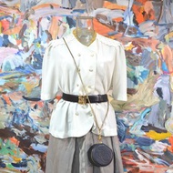 氣質文青白色無領雙排珍珠鈕扣肩上蕾絲中袖襯衫 日本中古古著