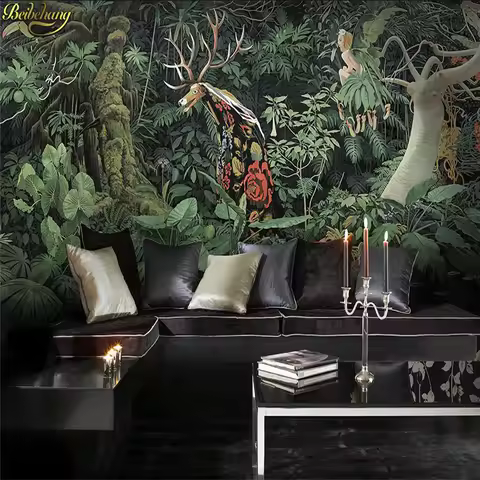 custom giraffe jungle lush tropical rainforest large mural cafe wallpaper for living room Self adhes