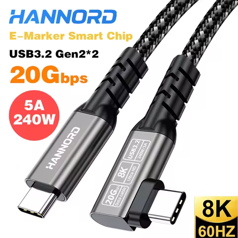 Hannord USB 3.2 Gen2 20Gbps USB C to Type-C 5A 240W Fast Charge Elbow 8K@60Hz UHD Data Transfer for 