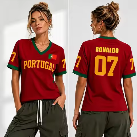 Portugal Soccer Jersey CR7 Number Red Fan Shirt for Women Men Fashion Breathable Mesh Jersey V-neck