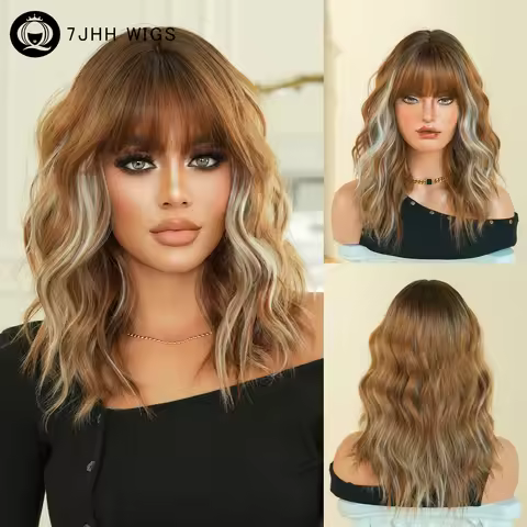 7JHH WIGS Shoulder Length Water Wave Golden Brown Wig for Women Modest Fashion Synthetic Highlight B