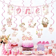 Silly Goose One 1st Birthday Party Decor Set Banner Hanging Swirls & Cake Topper for Baby Girl