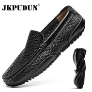 Summer Men Shoes Casual Luxury Brand Genuine Leather Mens Loafers Moccasins Italian Breathable Slip on Boat Shoes Black JKPUDUN