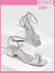 CUCCOO SZL 女鞋時尚銀色TPU材質踝帶涼鞋，鑲有水晶星星設計，低跟適合春夏季