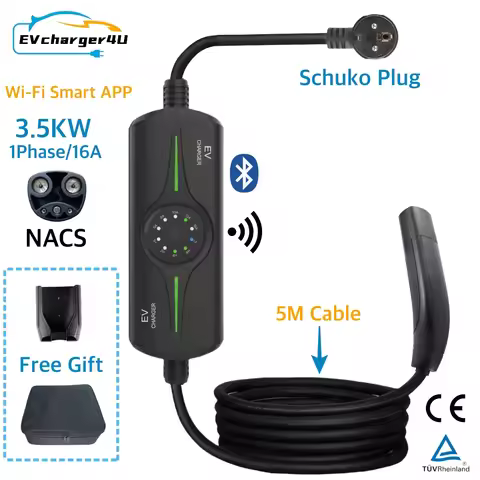 EVcharger4U Schuko 16A BS 13A NACS Portable EV Charger 1Phase 3.5KW EVSE 5M Cable for Tesla Model X/
